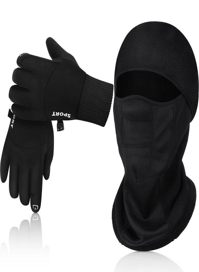 JaGely Winter Balaclava Face Mask Ski Gloves Set Breathable Full Face Mask Touchscreen Waterproof Gloves for Men Women Riding(Black,Large) - Image 1