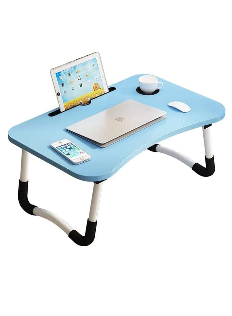Meetion Portable Folding Laptop Desk for Bed，With iPad and Cup Holder Adjustable Lap Tray Notebook Stand， Foldable Non-Slip Legs Reading Table Tray for working，studying，camping 60x40x28cm Blue - Image 1
