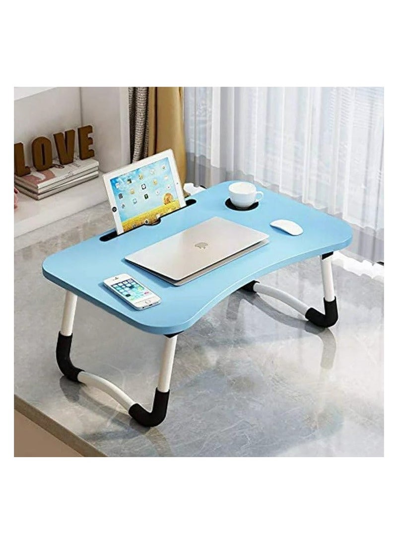 Meetion Portable Folding Laptop Desk for Bed，With iPad and Cup Holder Adjustable Lap Tray Notebook Stand， Foldable Non-Slip Legs Reading Table Tray for working，studying，camping 60x40x28cm Blue - Image 2
