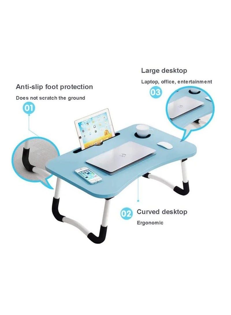 Meetion Portable Folding Laptop Desk for Bed，With iPad and Cup Holder Adjustable Lap Tray Notebook Stand， Foldable Non-Slip Legs Reading Table Tray for working，studying，camping 60x40x28cm Blue - Image 4
