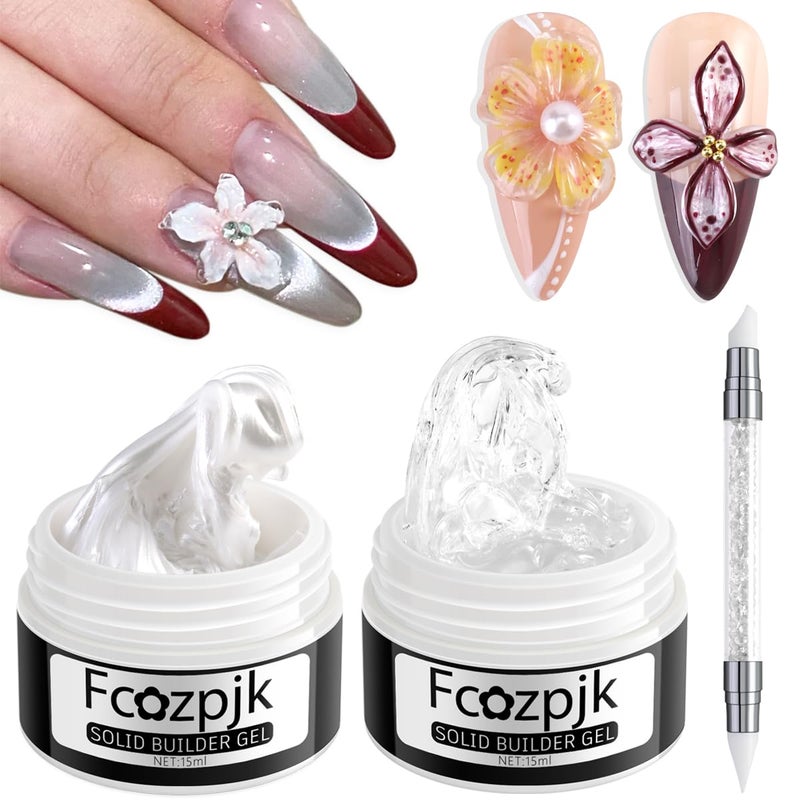 Fcozpjk Solid Builder Gel for Nails Pearly White Clear Solid Builder Gel NonSticky Hard Gel for Nails with Silicone Carving Pen 3D Sculpting Gel Iridescent Nail Gel Manicure Salon Supplies