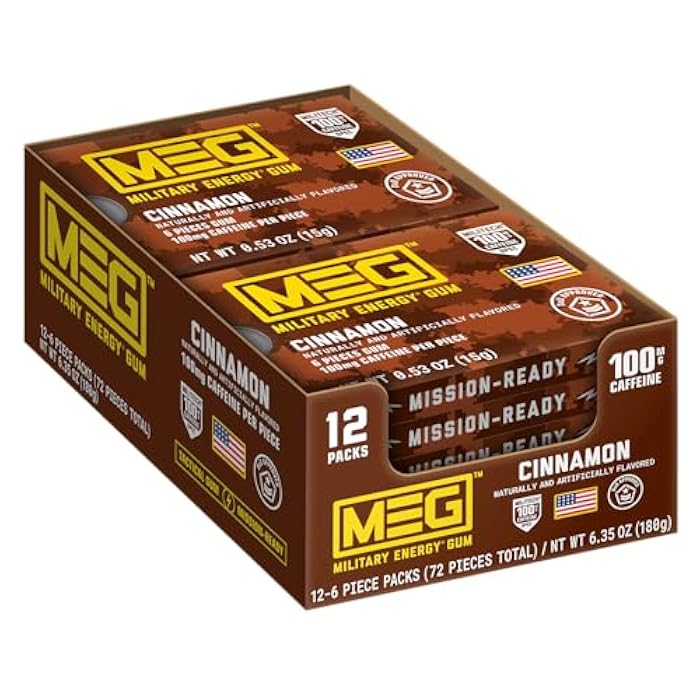 MEG (Military Energy Gum - Cinnamon| Energy Caffeine Gum | 100mg Caffeine Per Piece |Fast-Acting Performance Boost - 12 Packs - Image 1
