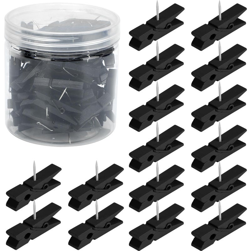 Senkary 60 Pieces Black Push Pins with Wooden Clips Clothespin Pushpins Cute Decorative Thumb Tacks for Cork Board Bulletin Board Photos Crafts Classroom Office - Image 2