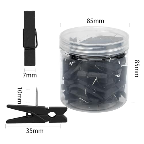 Senkary 60 Pieces Black Push Pins with Wooden Clips Clothespin Pushpins Cute Decorative Thumb Tacks for Cork Board Bulletin Board Photos Crafts Classroom Office - Image 3