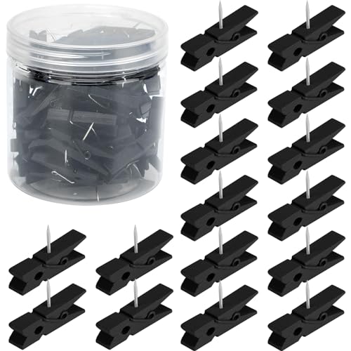 Senkary 60 Pieces Black Push Pins with Wooden Clips Clothespin Pushpins Cute Decorative Thumb Tacks for Cork Board Bulletin Board Photos Crafts Classroom Office - Image 1