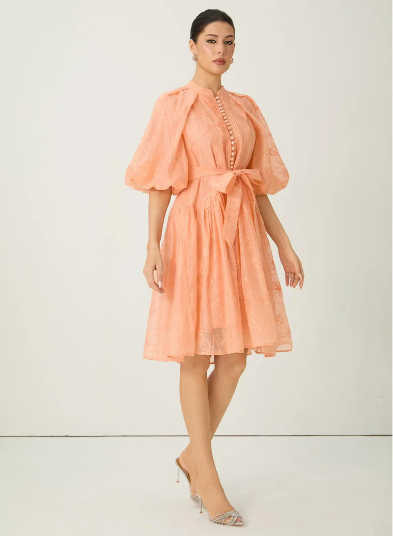 سنفير Devoted to Fun Orange Embroidered Short Puff Sleeve Midi Dress