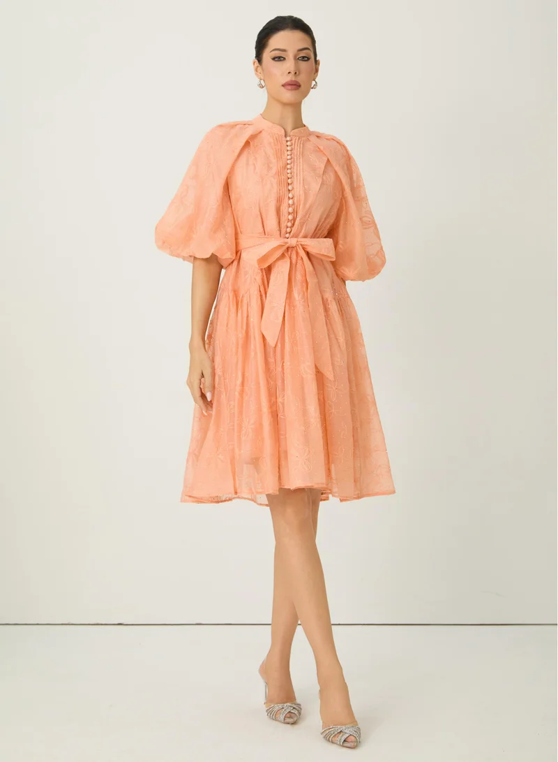 سنفير Devoted to Fun Orange Embroidered Short Puff Sleeve Midi Dress