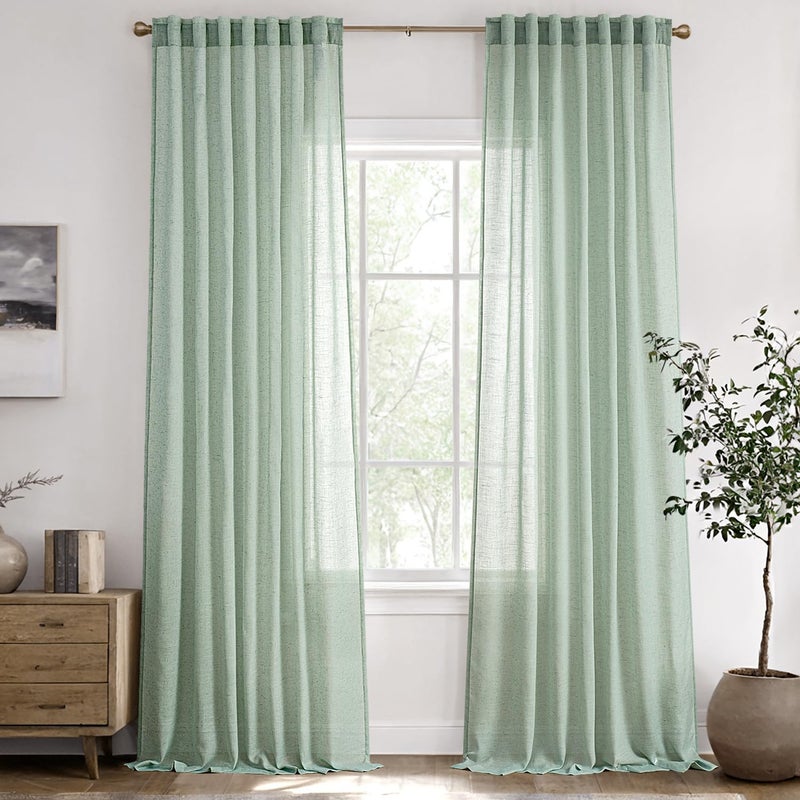 ANRODUO Sage Green Linen Curtains 84 Inch Length 2 Panels for Living Room Light Filtering Semi Sheer Back Tab Curtain Drapes for Bedroom Neutral Farmhouse Decor 84 Inches Long Light Green Colored - Image 1