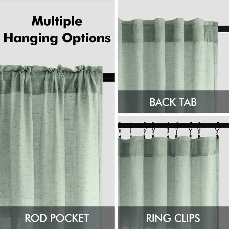 ANRODUO Sage Green Linen Curtains 84 Inch Length 2 Panels for Living Room Light Filtering Semi Sheer Back Tab Curtain Drapes for Bedroom Neutral Farmhouse Decor 84 Inches Long Light Green Colored - Image 3