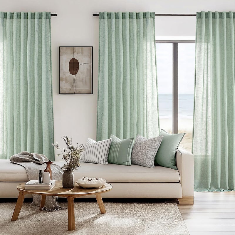 ANRODUO Sage Green Linen Curtains 84 Inch Length 2 Panels for Living Room Light Filtering Semi Sheer Back Tab Curtain Drapes for Bedroom Neutral Farmhouse Decor 84 Inches Long Light Green Colored - Image 2