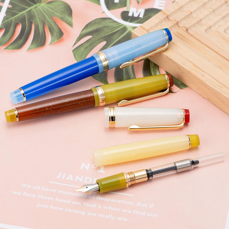 Wikult Jinhao 82 Acrylic Fountain Pen, Iridium Medium Nib with Ink Converter, Vintage Coffee Fluorescent Contrast Color Classic Design Smooth Writing Pen (Gold Trim) - Image 5