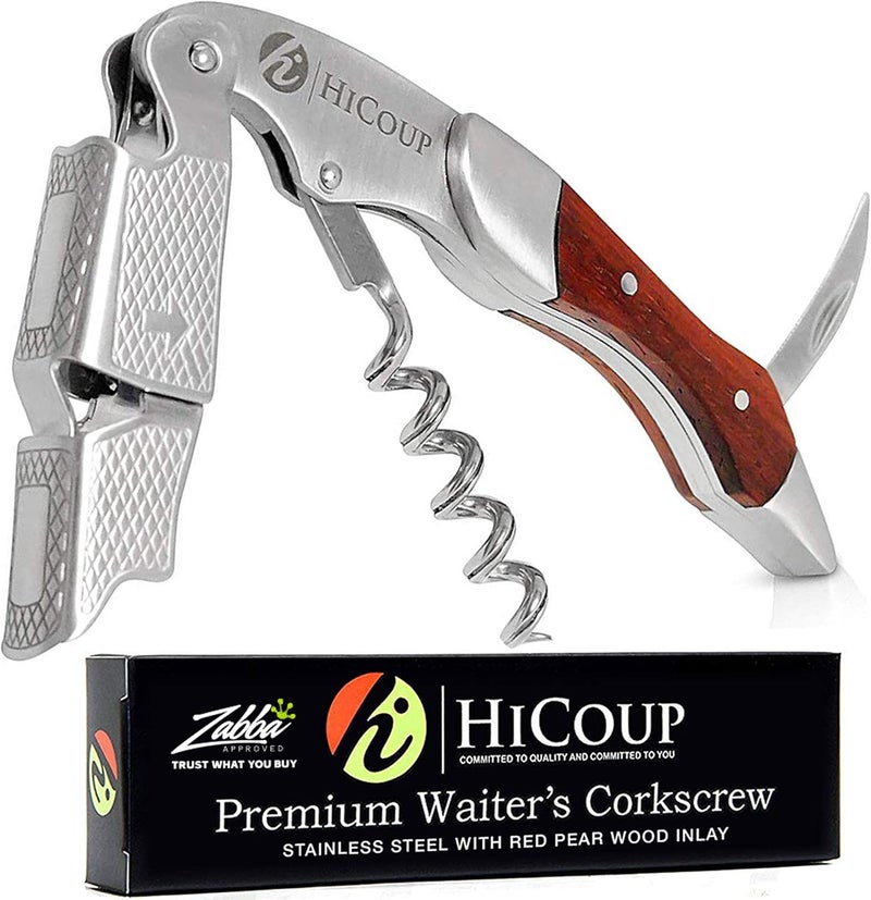 HiCoup Kitchenware Hicoup Wine Opener - Professional Corkscrews for Wine Bottles w/Foil Cutter and Cap Remover - Manual Wine Key for Servers, Waiters, Bartenders and Home Use - Stainless Steel With Red Pear Wood Inlay - Image 1
