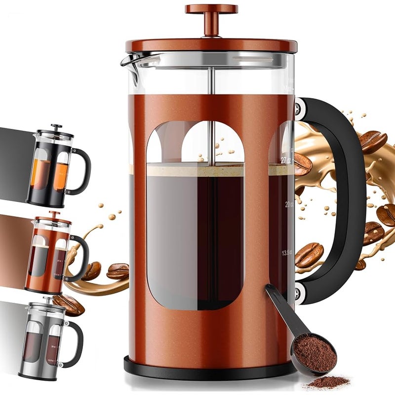 Veken French Press Coffee Maker 34oz 1 L, No Plastic Touching Cafe, Heat Resistant Thickened Borosilicate Glass, Stainless Steel Brewer, Cold Brew Cafetera Teapot for Kitchen Travel Camping, Copper - Image 1