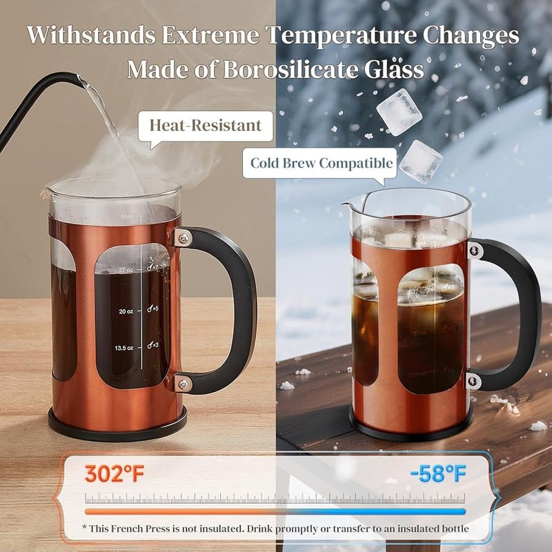 Veken French Press Coffee Maker 34oz 1 L, No Plastic Touching Cafe, Heat Resistant Thickened Borosilicate Glass, Stainless Steel Brewer, Cold Brew Cafetera Teapot for Kitchen Travel Camping, Copper - Image 5