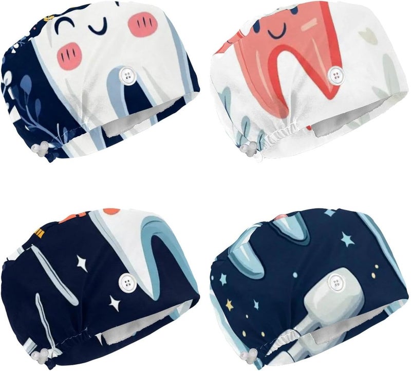 Adjustable Working Cap, 4 Packs Cute Teeth Working Hat Sweatband for Women & Men, One Size - Image 1