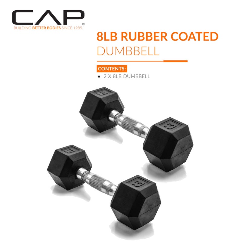 CAP 8 LB Rubber Coated Hex Dumbbell Hand Weight - Pair | Chrome Handle - Image 2