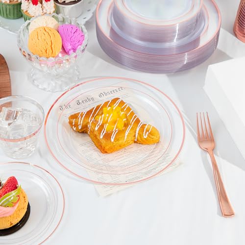 GATHER 350PCS Rose Gold Plastic Plates - Disposable Rose Gold Dinnerware Includes 100 Clear Rose Golds Rimmed Plastic Plates, 150 Silverware, 50 Napkins, 50 Cups for Party, Wedding - Image 3