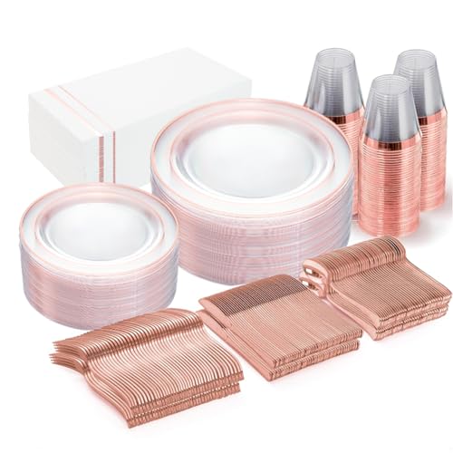 GATHER 350PCS Rose Gold Plastic Plates - Disposable Rose Gold Dinnerware Includes 100 Clear Rose Golds Rimmed Plastic Plates, 150 Silverware, 50 Napkins, 50 Cups for Party, Wedding - Image 1