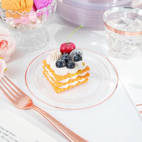 GATHER 350PCS Rose Gold Plastic Plates - Disposable Rose Gold Dinnerware Includes 100 Clear Rose Golds Rimmed Plastic Plates, 150 Silverware, 50 Napkins, 50 Cups for Party, Wedding - Image 4