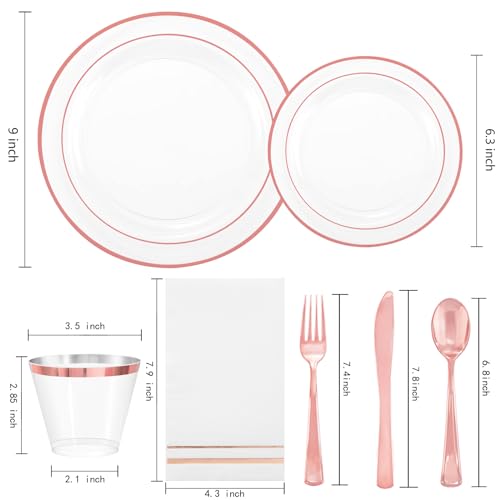 GATHER 350PCS Rose Gold Plastic Plates - Disposable Rose Gold Dinnerware Includes 100 Clear Rose Golds Rimmed Plastic Plates, 150 Silverware, 50 Napkins, 50 Cups for Party, Wedding - Image 2