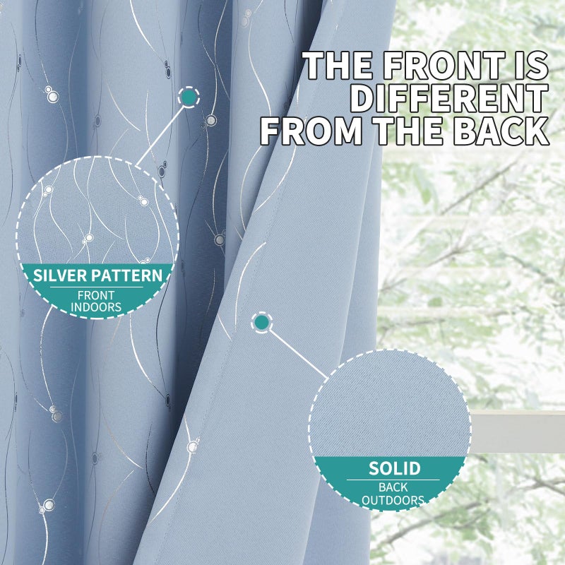 BGment Room Darkening Curtains 84 Inches Long  Grommet Thermal Insulated Blackout Curtains with Wave Line and Dots Printed for Bedroom  2 Panels  Each 38 x 84 Inch  Light Blue - Image 4