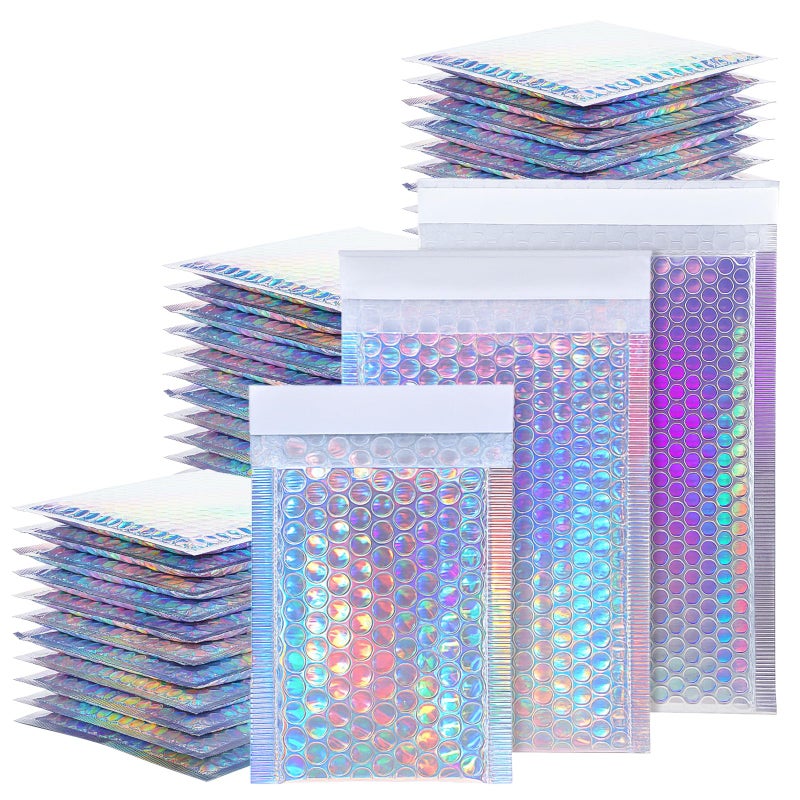 Lemecima 50 Pack Bubble Mailers, Holographic Bubble Mailers with 3 Sizes, Waterproof Self Seal Adhesive Foil Glitter Glamour Shipping Bags for Mailing, Packing, Small Business, Jewelry Makeup Supplies - Image 1