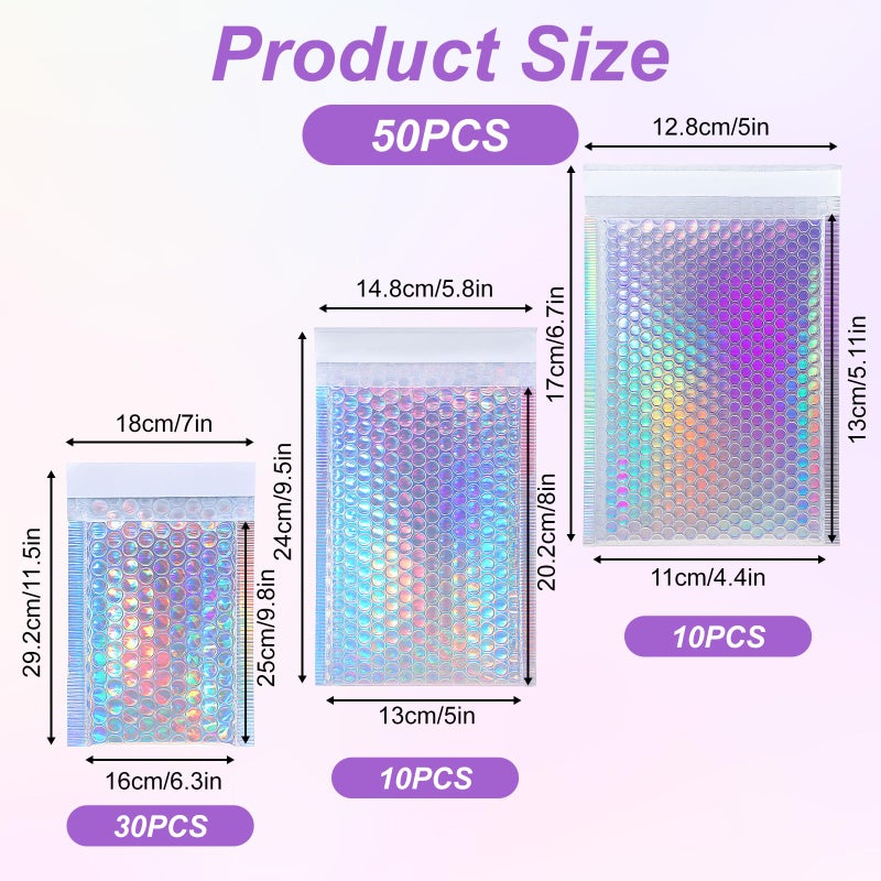 Lemecima 50 Pack Bubble Mailers, Holographic Bubble Mailers with 3 Sizes, Waterproof Self Seal Adhesive Foil Glitter Glamour Shipping Bags for Mailing, Packing, Small Business, Jewelry Makeup Supplies - Image 2