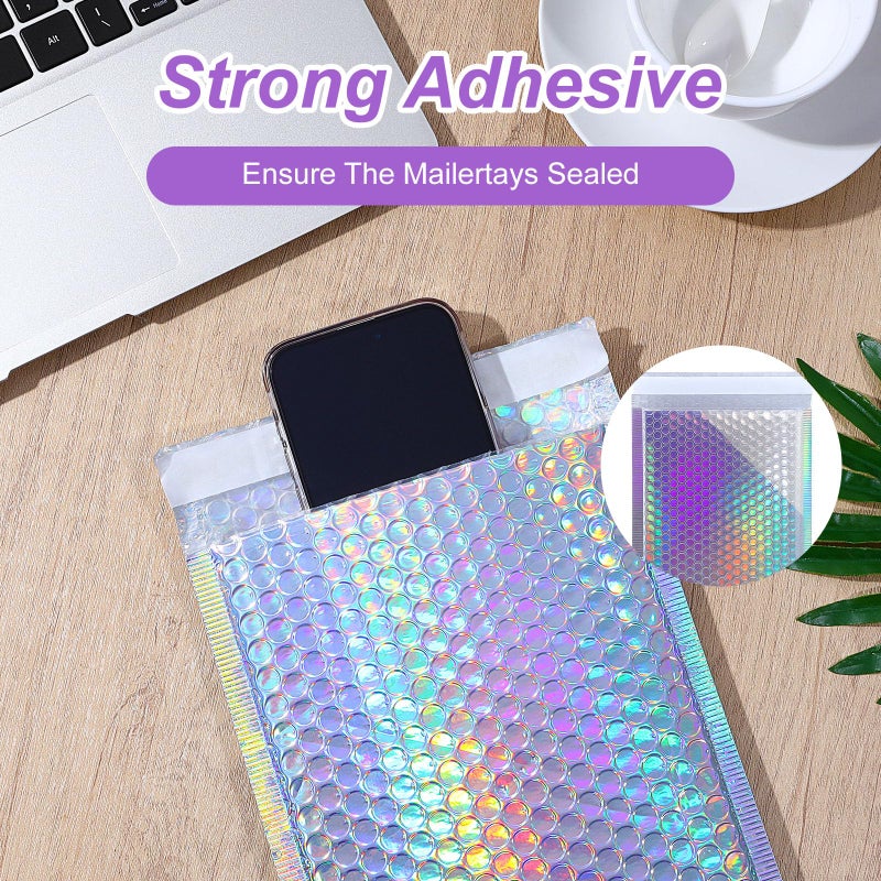 Lemecima 50 Pack Bubble Mailers, Holographic Bubble Mailers with 3 Sizes, Waterproof Self Seal Adhesive Foil Glitter Glamour Shipping Bags for Mailing, Packing, Small Business, Jewelry Makeup Supplies - Image 5
