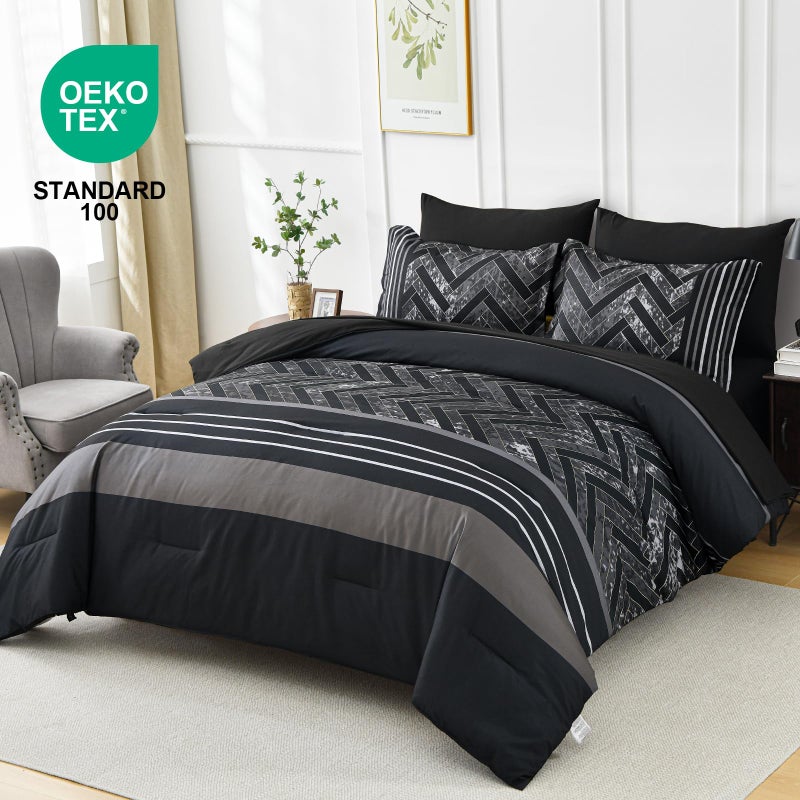 Luxudecor Black Comforter Set King Size, 7 Pieces Stripe Geometric Bed in a Bag, Geometric Comforter and Sheet Set, Soft Microfiber Complete Bedding Sets for All Seasons - Image 2