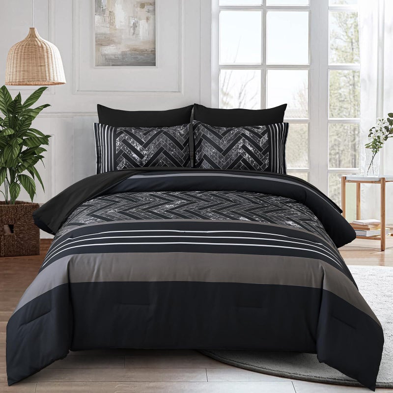 Luxudecor Black Comforter Set King Size, 7 Pieces Stripe Geometric Bed in a Bag, Geometric Comforter and Sheet Set, Soft Microfiber Complete Bedding Sets for All Seasons - Image 1
