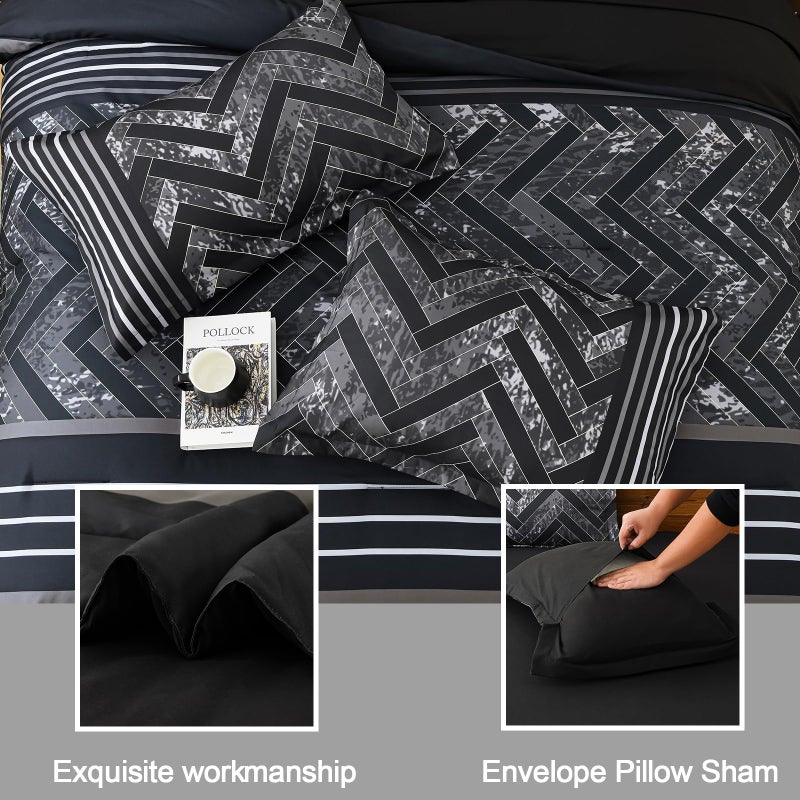 Luxudecor Black Comforter Set King Size, 7 Pieces Stripe Geometric Bed in a Bag, Geometric Comforter and Sheet Set, Soft Microfiber Complete Bedding Sets for All Seasons - Image 5