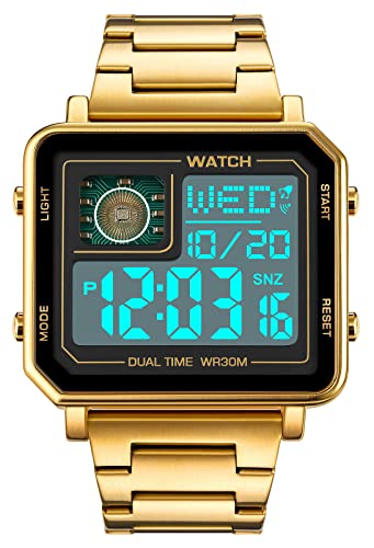 Reginald Gold Watches for Men Fashion Trend Multifunction Outdoor Sports Watch EL Light Large Digital Display Chronograph Stainless Steel Square Watches Gold - Image 1