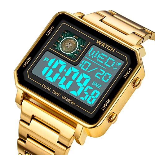 Reginald Gold Watches for Men Fashion Trend Multifunction Outdoor Sports Watch EL Light Large Digital Display Chronograph Stainless Steel Square Watches Gold - Image 3