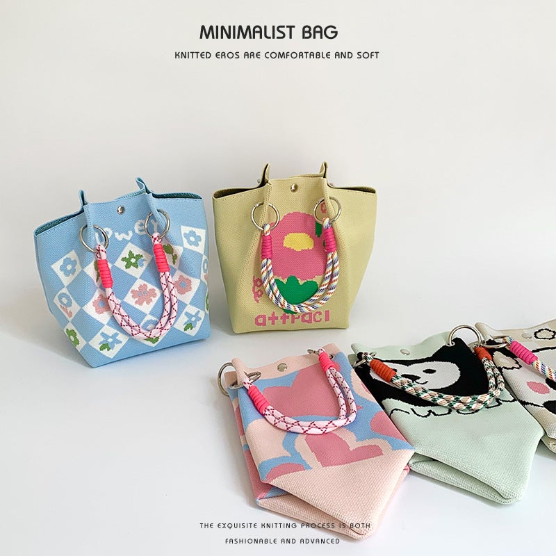 Bucket Bag Women'S Cartoon Pattern Cute Casual All-Match Underarm Bag Lunch Bag Knitted Handbag Shoulder Bag - Image 5