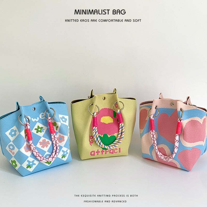 Bucket Bag Women'S Cartoon Pattern Cute Casual All-Match Underarm Bag Lunch Bag Knitted Handbag Shoulder Bag - Image 4