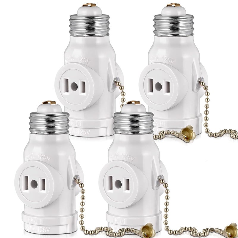 EMNOOTI 2 Outlet Light Socket Adapter,E26 Bulb Socket to Outlet Splitter,Converts Medium Screw Socket into a Socket with Two outlets,Polarized Outlet,with Pull Chain Switch. UL Listed, White (4-Pack) - Image 1