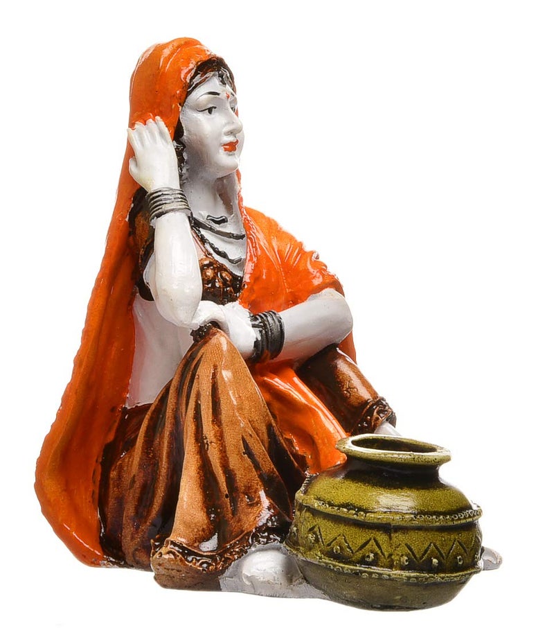 Karigaari Handcrafted Rajasthani Lady with Water Matka Showpiece Polyresin Showpiece for Home Decor Orange Brown 1524 cm x 1524 cm x 17118 cm - Image 3