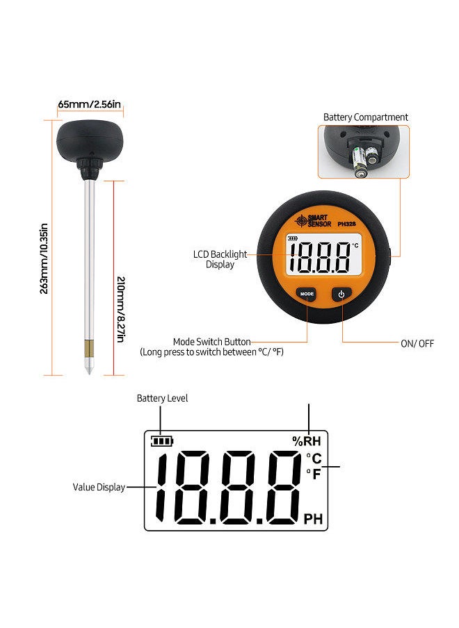 SMART SENSOR PH328 Digital Backlight Soil Tester 3 in 1 PH/ Moisture/ Temperature Multifunction Portable Soil PH Test Probe Temp Humidity Meter  - Image 4