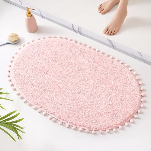 YIRDDEO Bath Mat Blush Pink Rug with Pom Oval Bathroom Rugs for Bedroom Non Slip Cute Boho Absorbent Mats Soft Plush Washable Rug (20x30 inches) - Image 1