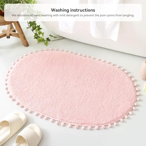 YIRDDEO Bath Mat Blush Pink Rug with Pom Oval Bathroom Rugs for Bedroom Non Slip Cute Boho Absorbent Mats Soft Plush Washable Rug (20x30 inches) - Image 5