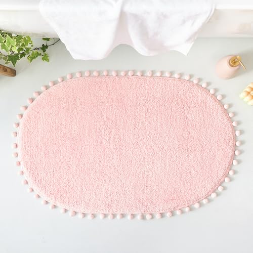 YIRDDEO Bath Mat Blush Pink Rug with Pom Oval Bathroom Rugs for Bedroom Non Slip Cute Boho Absorbent Mats Soft Plush Washable Rug (20x30 inches) - Image 2