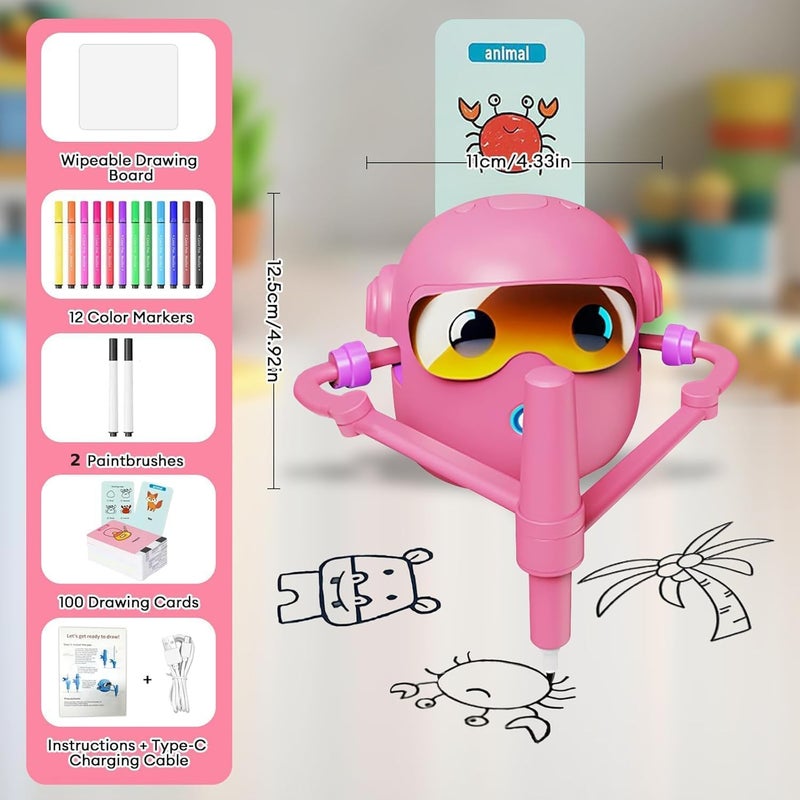 Kidzilla Smart Drawing Robot for Kids – STEM Educational Learning Toy with 100 Flash Cards & 2 Pens for Drawing & Writing Practice, Pink - Image 3