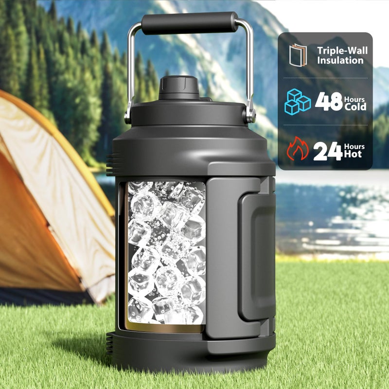 Meoky 1 Gallon Insulated Water Bottle for Sports: Meoky 128 oz Triple Wall Vacuum Stainless Steel Water Jug - Top and Side Handles, Cold for 48 Hrs, 2-in-1 Straw and Spout Lid, Leak Proof for Hiking (Night) - Image 2