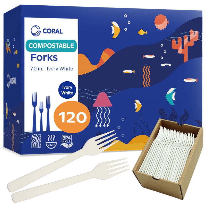 CORAL Ivory White 100% Compostable Forks - 120 Heavy Duty Forks (7.0 inch) - Break-Resistant with Smooth Edges  Ocean Friendly Alternative to Plastic Cutlery - Biodegradable & Disposable Forks - Image 1