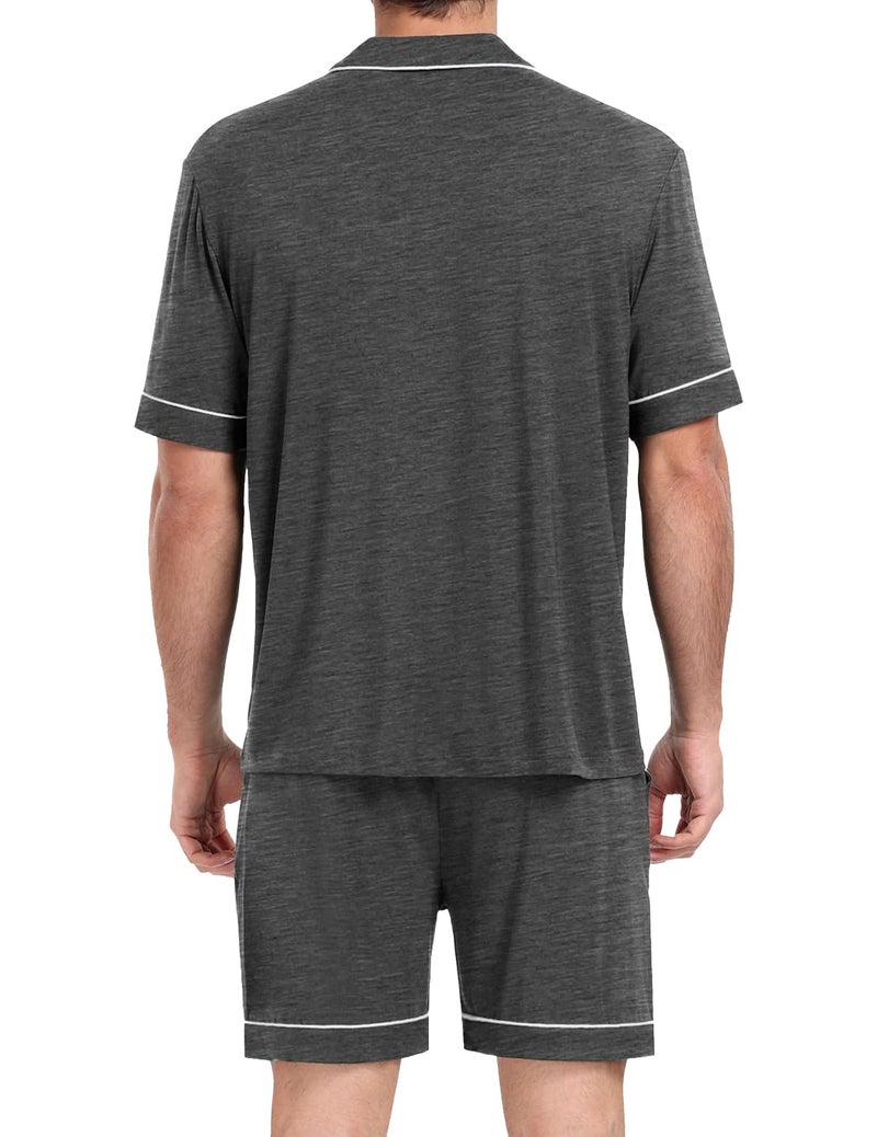 YOPUGEE Men's Modal Short Sleeve Pajama Sets Button Down Notched Collar Sleepwear Soft Lounge Pjs with Pockets, Dark Grey-3XL - Image 2
