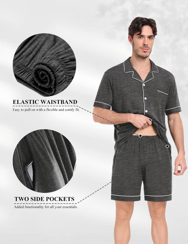 YOPUGEE Men's Modal Short Sleeve Pajama Sets Button Down Notched Collar Sleepwear Soft Lounge Pjs with Pockets, Dark Grey-3XL - Image 4