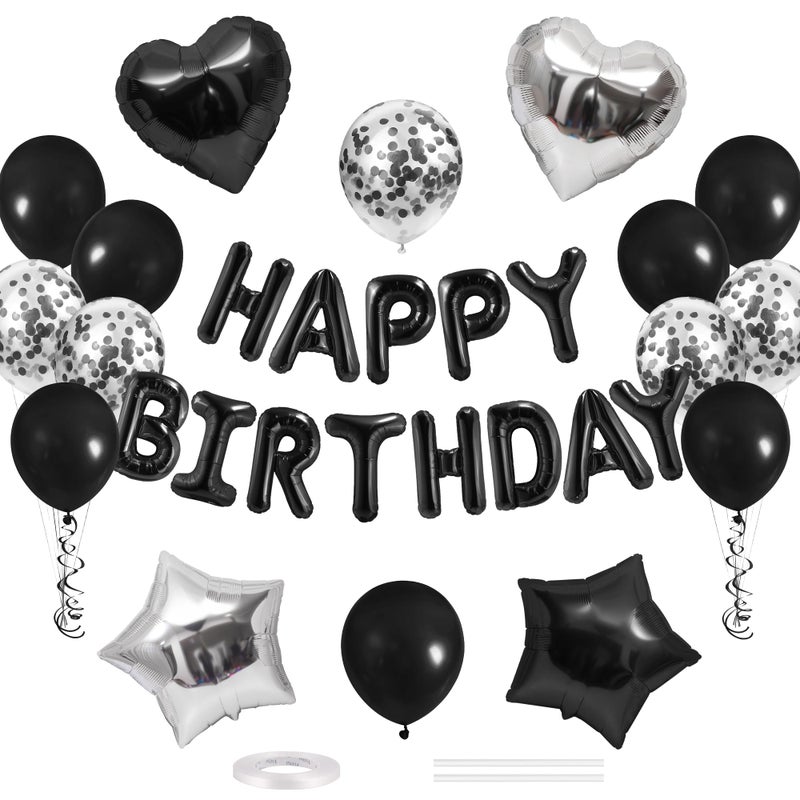 CANREVEL Happy Birthday Balloons Banner 16 Inch Mylar Foil Letters with Star & Heart Balloons Birthday Party Decorations for Men and Women - 30 Pcs Black - Image 1