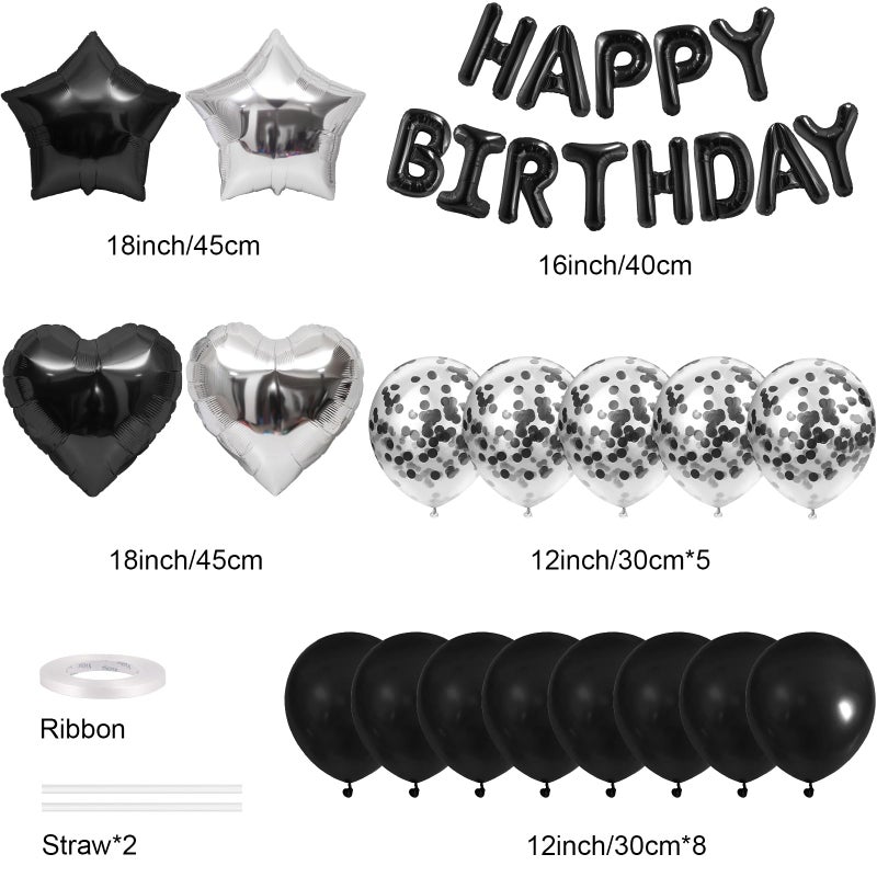 CANREVEL Happy Birthday Balloons Banner 16 Inch Mylar Foil Letters with Star & Heart Balloons Birthday Party Decorations for Men and Women - 30 Pcs Black - Image 2