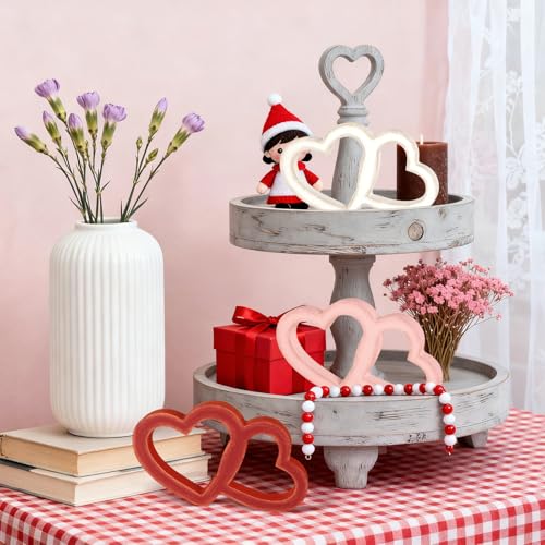 Yewfold Wooden Valentine's Day Heart Decorations, 3 Pcs Rustic Wood Hearts Blocks Table Centerpiece Decor Sign, Red Pink White Vintage Valentines Day Decoration for Office Home Wedding Anniversary Party Table Mantel (Hollow) - Image 5