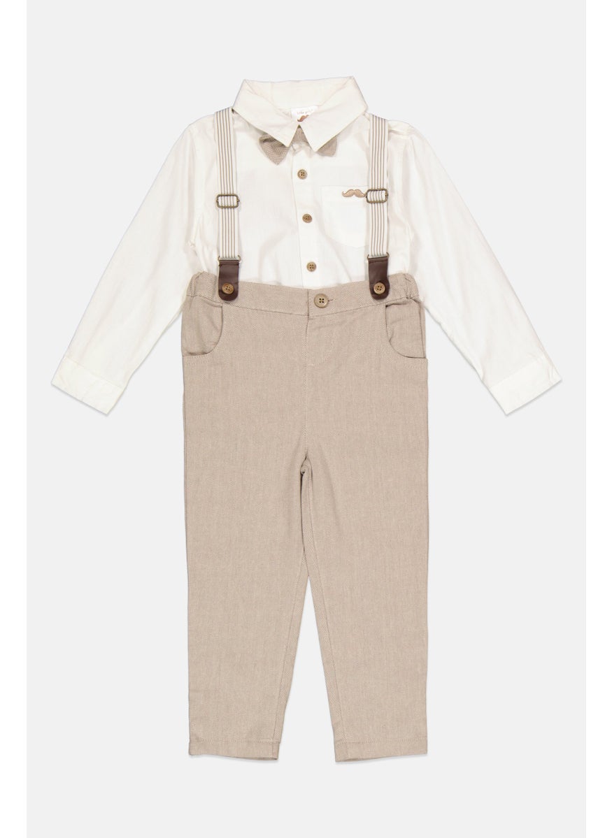 Little Gent Toddlers Boy 4 Pieces Shirt With Bowtie And Bottom With Braces Set, White/Grey  - Image 3
